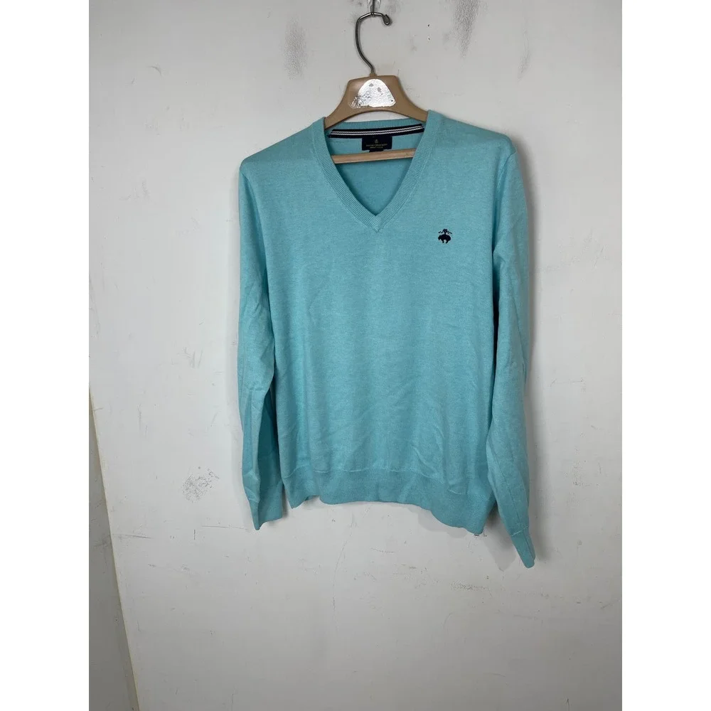 Brooks Brothers‎ Mens V-Neck Sweater Light Blue Supima Cotton Size M Logo Knit